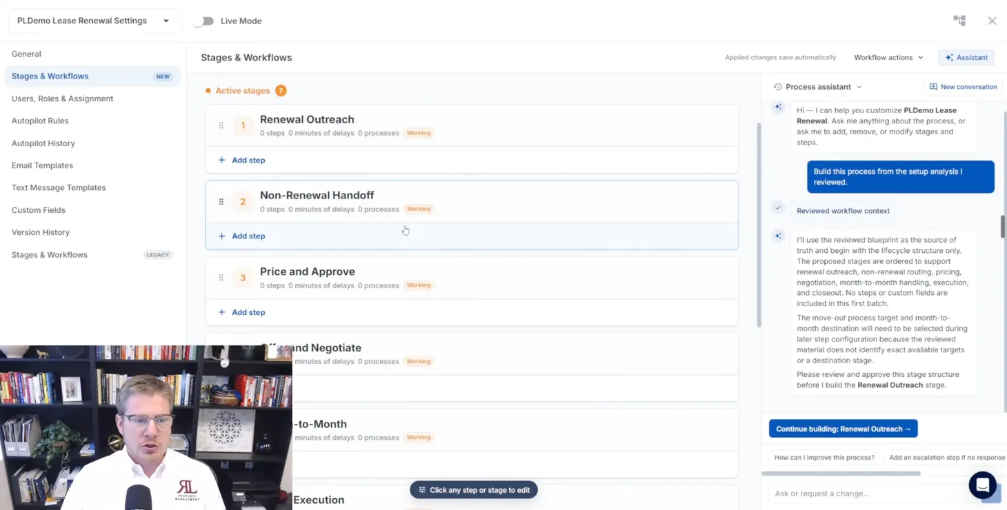 The stages LeadSimple's AI drafted for the lease renewal process
