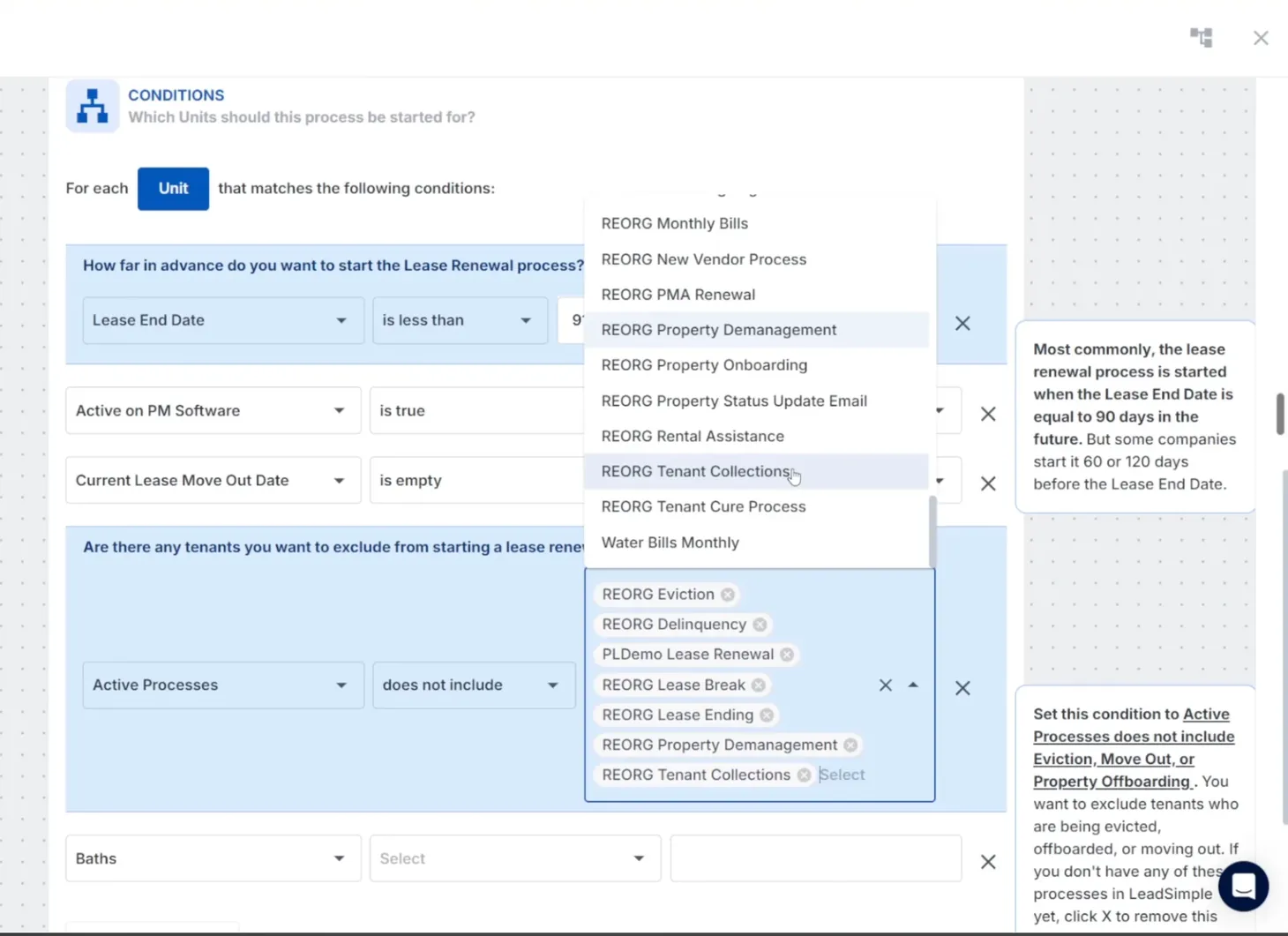 LeadSimple autopilot rule settings for the lease renewal process, with conditions and excluded processes