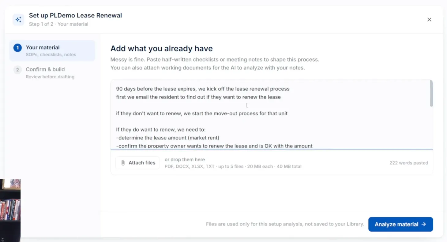 LeadSimple guided setup screen with my lease renewal process typed out in plain language