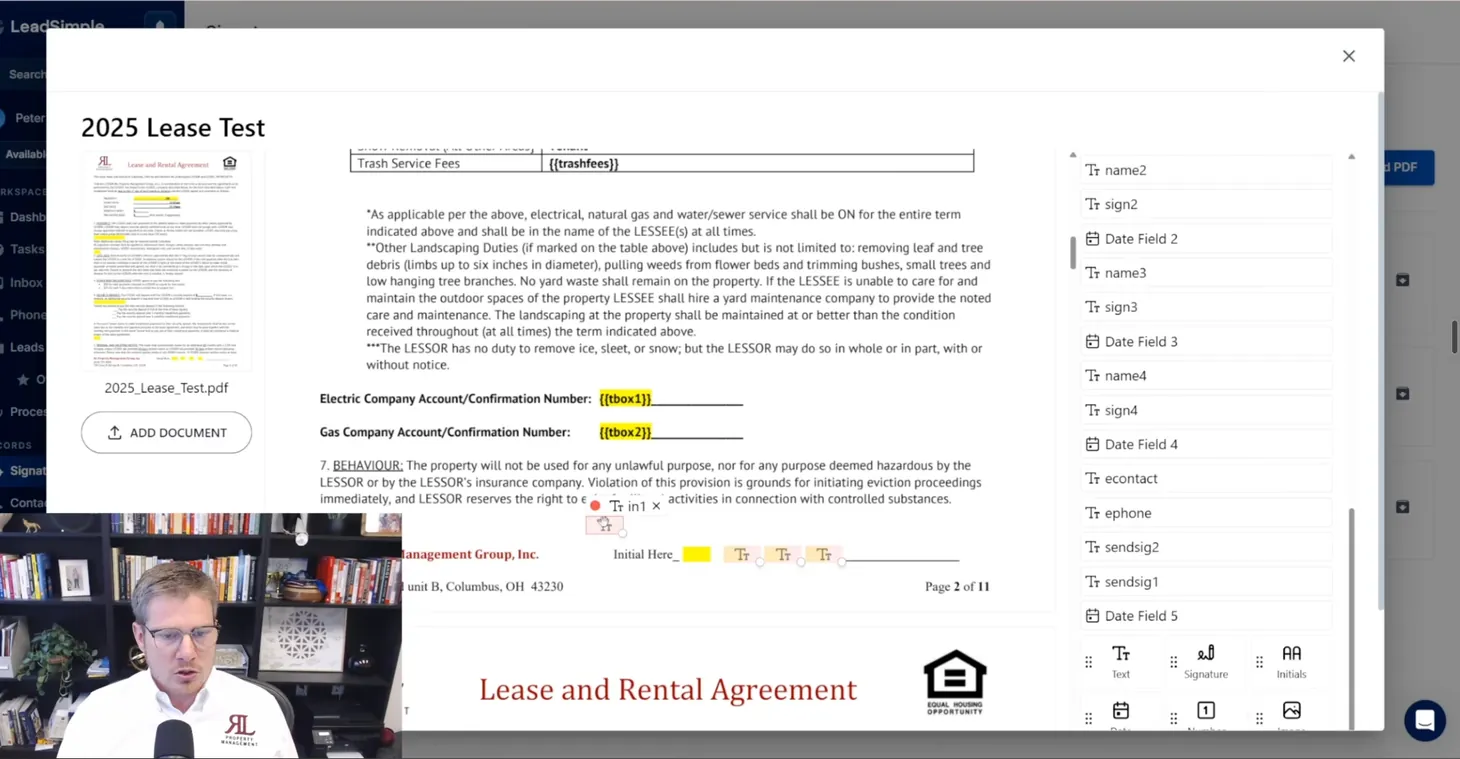 LeadSimple's e-signature template builder with initial and signature fields placed on a lease
