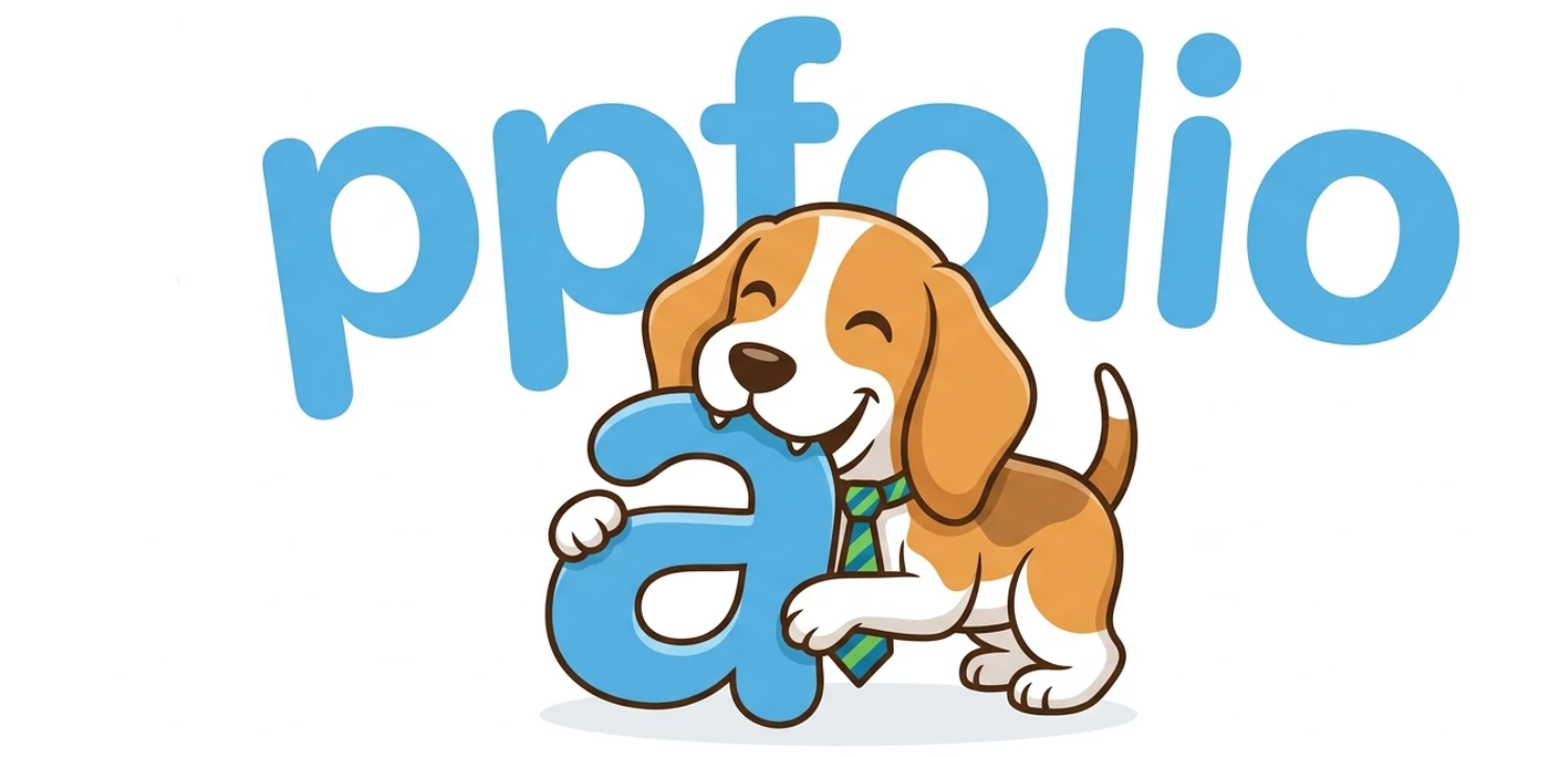 An illustration of the AppFolio wordmark with a beagle in a necktie chewing the letter A out of it.