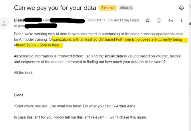 Cold email from an AI data buyer asking a property management company owner to license its operational data