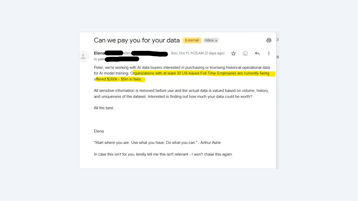 Cold email from an AI data buyer asking a property management company owner to license its operational data
