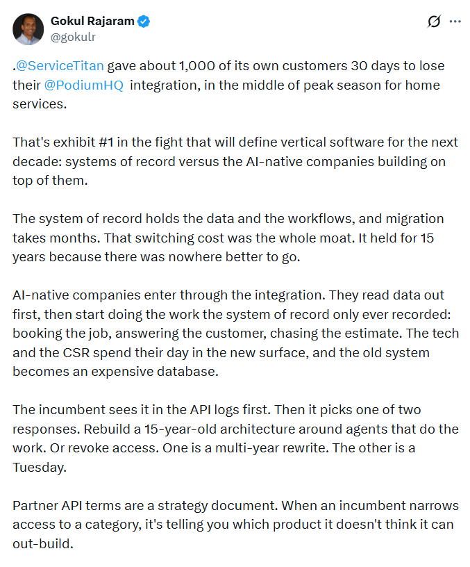 Screenshot of Gokul Rajaram's post on X arguing that ServiceTitan giving about 1,000 customers 30 days to lose their Podium integration is exhibit number one in the fight between systems of record and AI-native companies, and that partner API terms are a strategy document.
