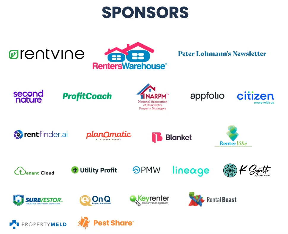 Sponsor logos for The Property Management Trends Report, including Rentvine, RentersWarehouse, Second Nature, ProfitCoach, NARPM, AppFolio, Blanket, Lineage and Property Meld