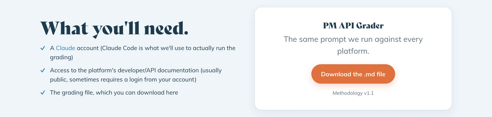 The grading guide page, with the downloadable grading file and what you need to run it yourself