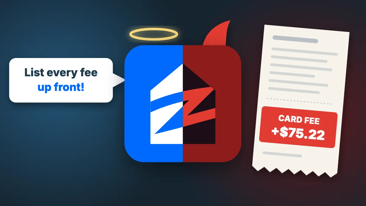 The Zillow logo split in two, blue with a halo on one side and red with a devil's horn on the other, between a speech bubble reading List every fee up front and a receipt showing a card fee of $75.22.