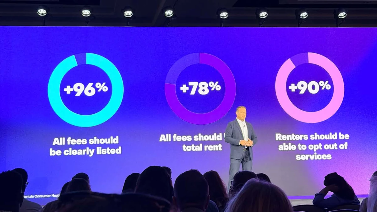 Zillow's Unlock conference stage in Phoenix with a slide reading: 96% say all fees should be clearly listed, 78% say all fees should be in total rent, 90% say renters should be able to opt out of services.